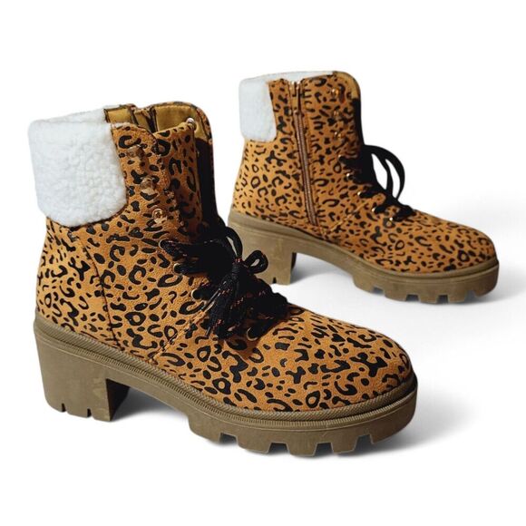Olivia Miller Ariel Womens 8.5 Combat Boots Leopard Print Faux Suede- Fur Brown - Picture 5 of 14